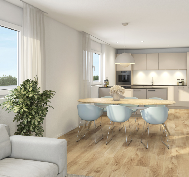 Visualisierung von Wohnzimmer und Küche